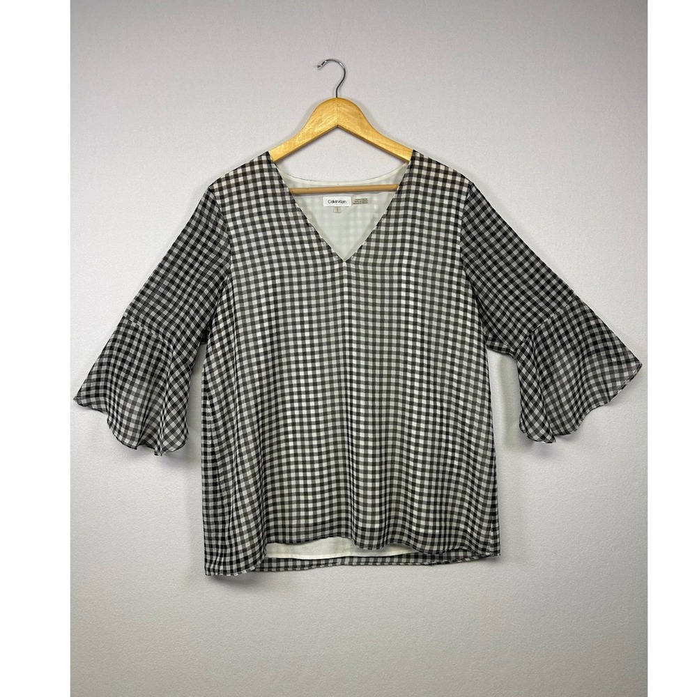 Cottagecore Calvin Klein Womens Large Black Gingham V-Neck Bell Sleeve Blouse